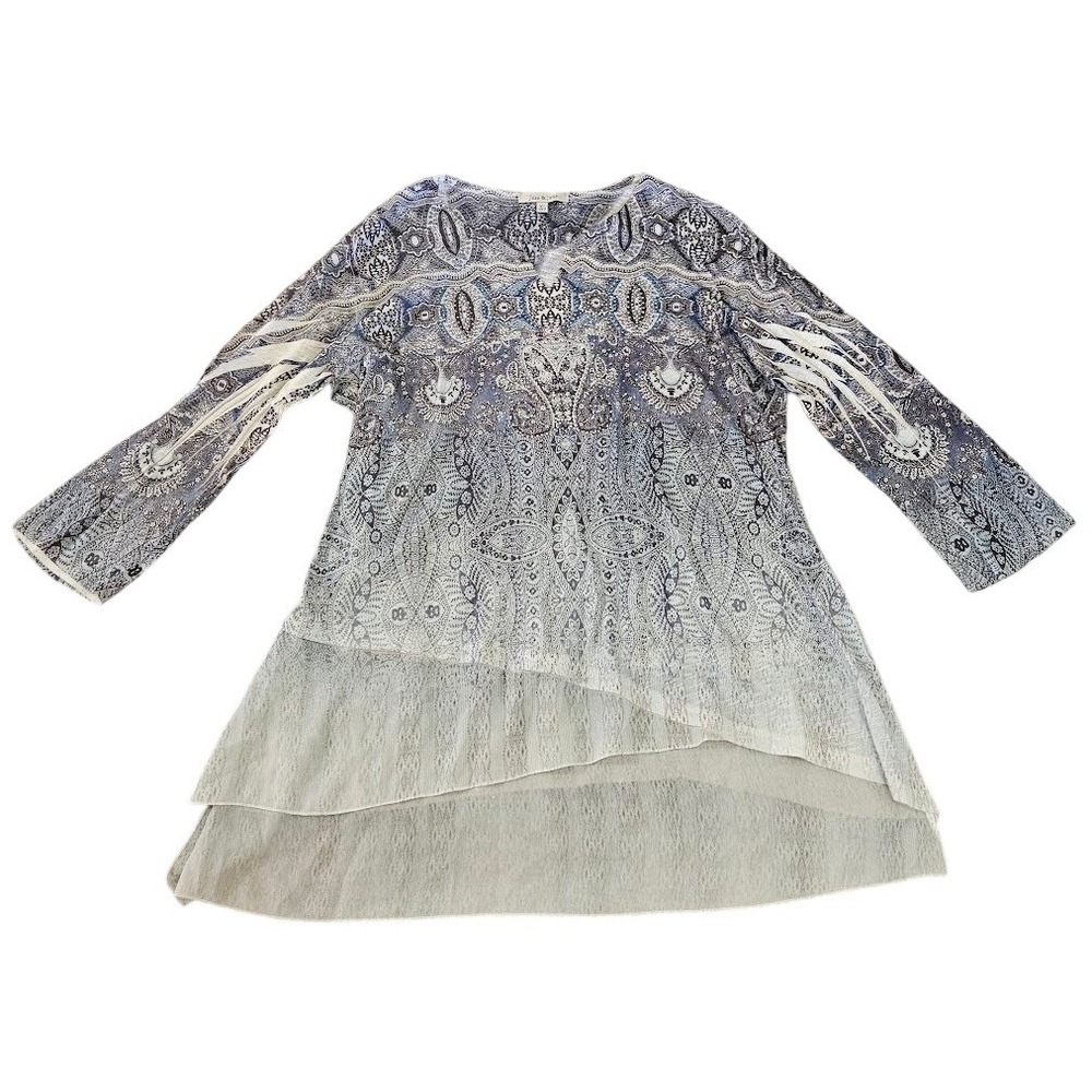 Jess & Jane Blue Paisley Rhinestone Tunic Top Women XL High Low Hem Artsy Shirt